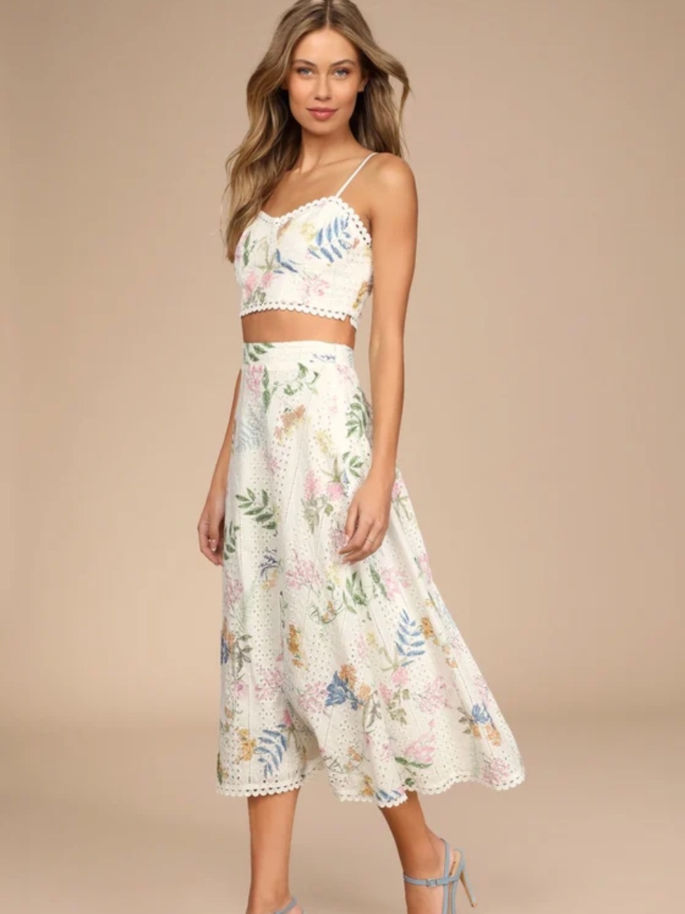 Sweet at heart 2 pc white floral eyelet cropped bustier and midi skirt. Medium